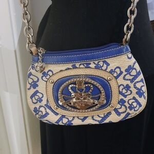 Kathy Van Zeeland Royal Treatment Monigram Blue and Cream Crossbody Wristlet Bag